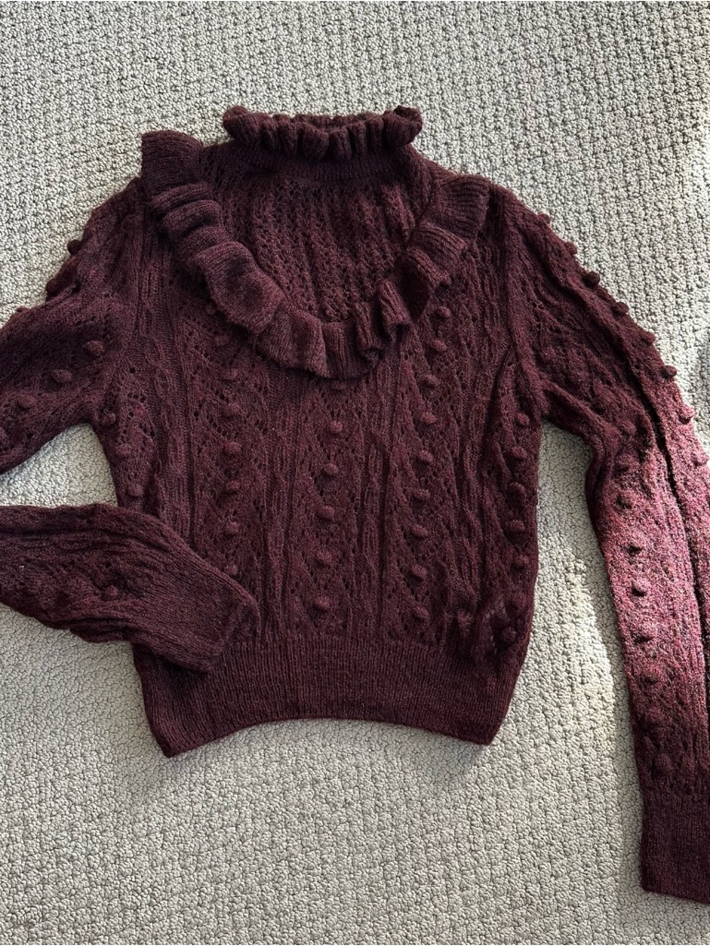 Zara Burgundy Ruffled Cable Knit Sweater